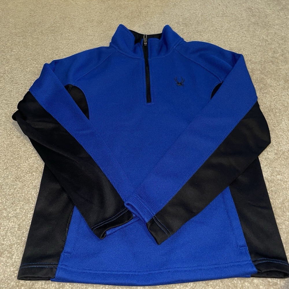 Spyder Mens Quarter Zip Pullover Blue Black Waffle Knit Fleece Sweater Size M